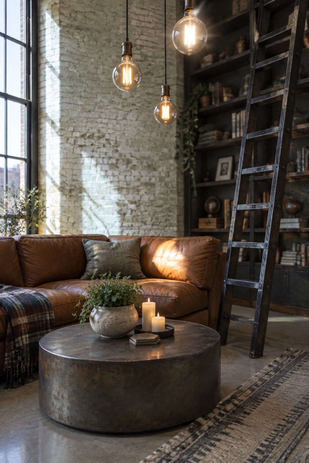 A living room featuring a brown leather sofa against a white exposed brick wall, a round metal coffee table with candles and a potted plant, hanging Edison bulb lights, and a dark metal ladder beside built-in bookshelves.