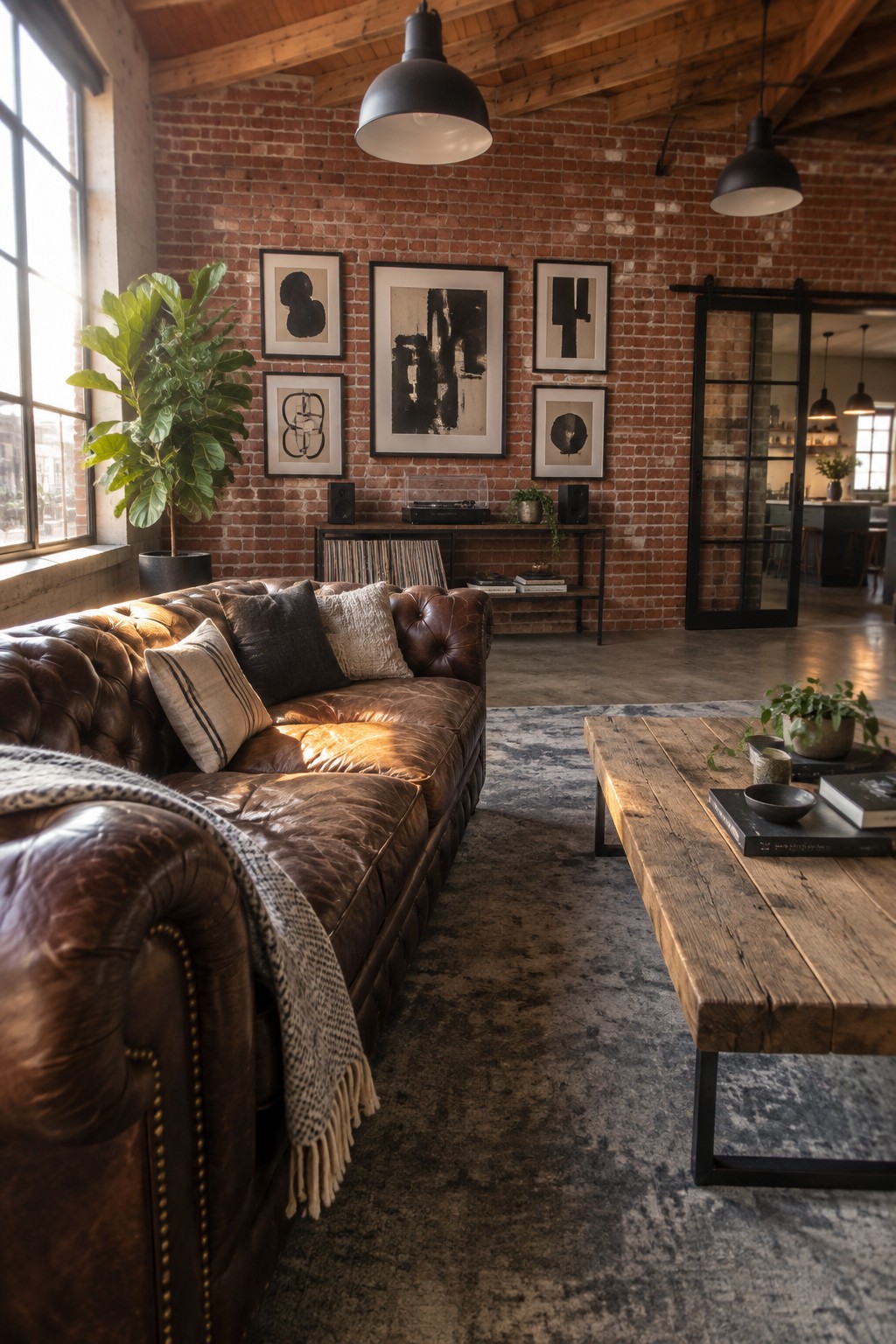 Sunlit industrial loft with brown leather sofa, brick wall art, and wooden coffee table