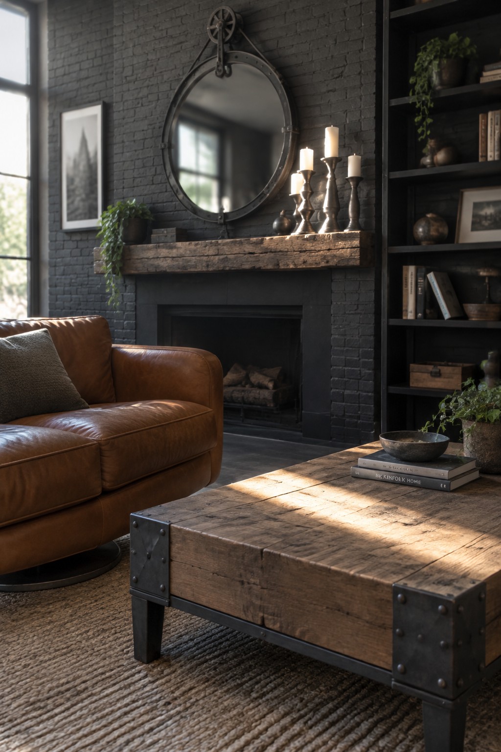 Rustic living room with brown leather sofa, wooden coffee table, and brick fireplace.