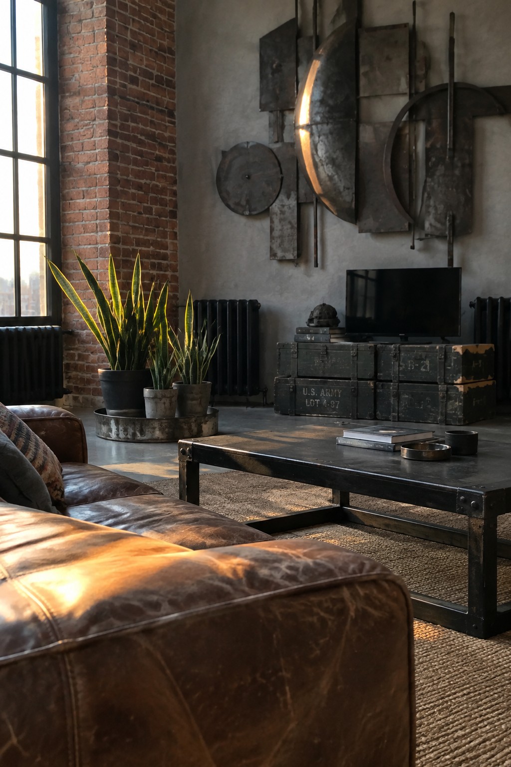 A living room with a brown leather sofa in the foreground, a black metal coffee table on a woven rug, potted plants near an exposed brick wall, and a television placed on stacked dark green U.S. Army metal crates against a gray wall with large metal art pieces.