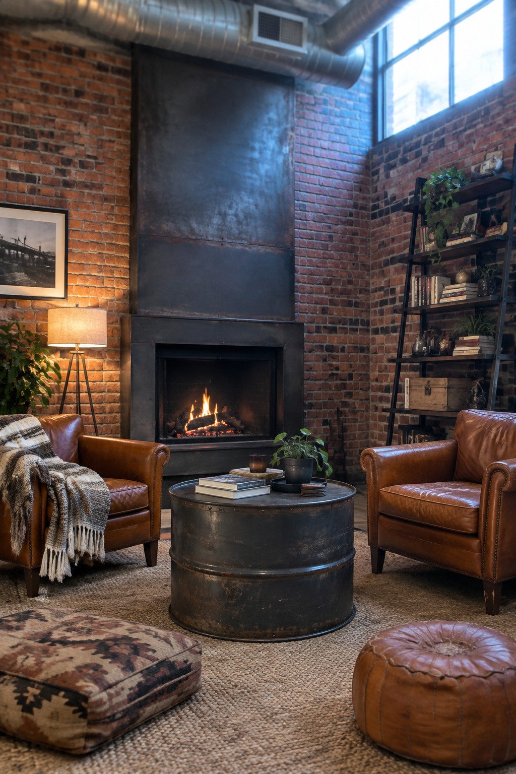 An industrial living room featuring exposed brick walls, a large metal fireplace with a fire burning, two brown leather armchairs, a round metal barrel used as a coffee table, and a woven rug on the floor.