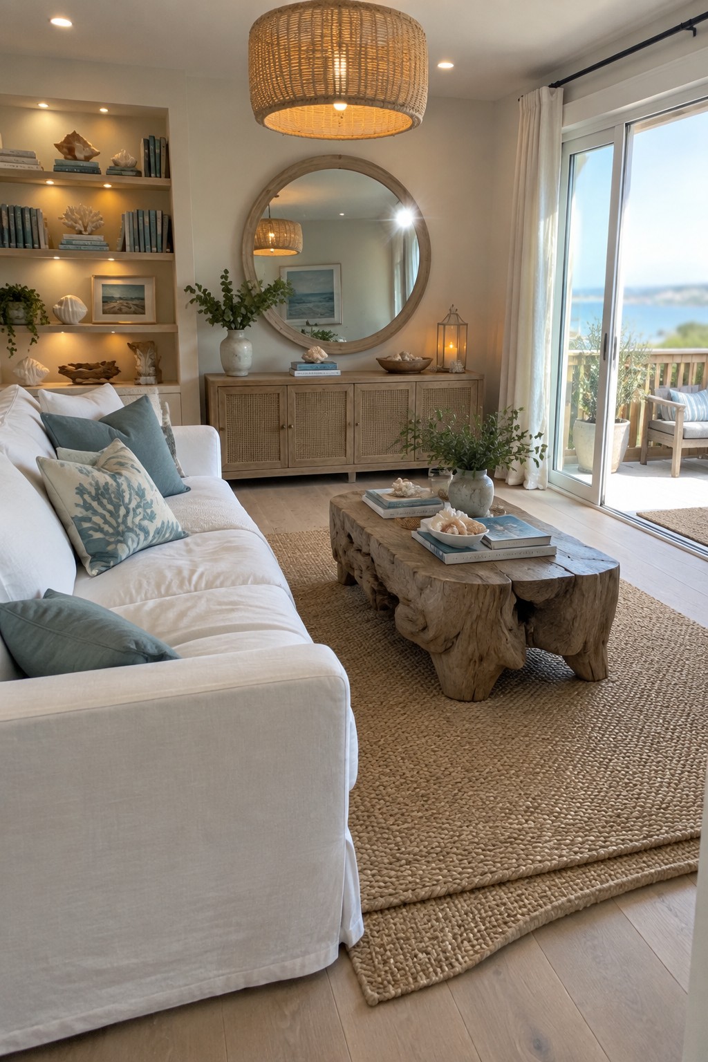Coastal living room with white sofa, rustic wood coffee table, round mirror, and ocean view