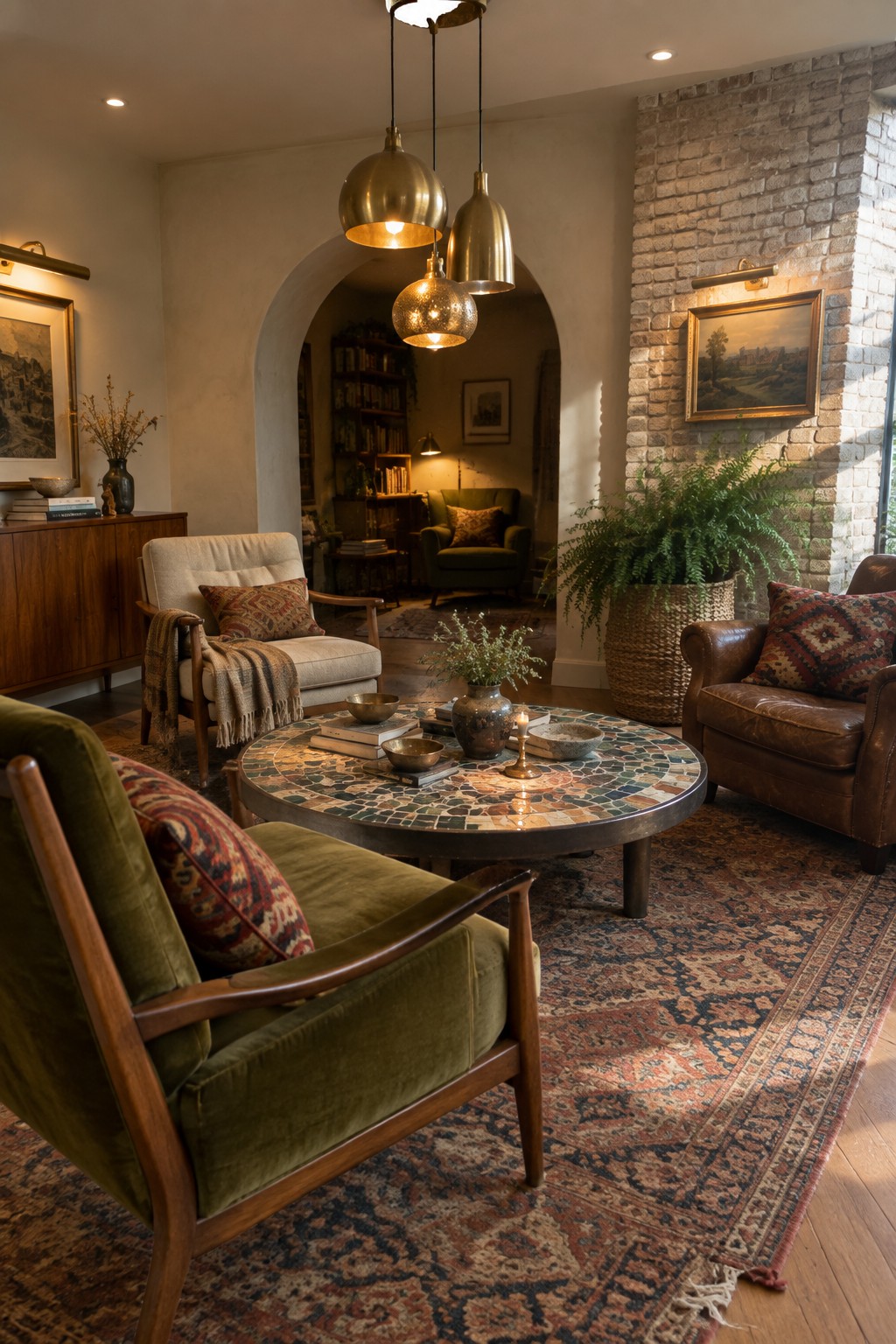 A living room featuring a round mosaic coffee table centered under three brass pendant lights of varying heights, with green velvet armchairs, a brown leather sofa, patterned rugs, and wall sconces on a brick wall.