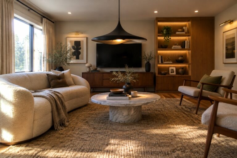 Modern living room with white sofa, marble coffee table, wooden shelves, and pendant light