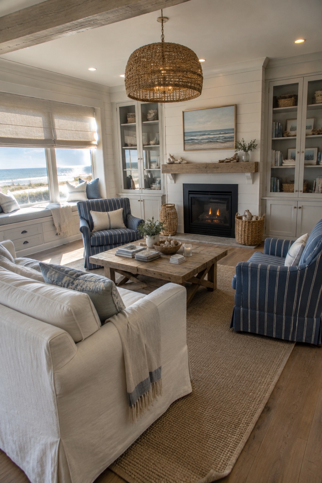 Cozy coastal living room with white sofa, blue striped chairs, fireplace, and ocean view.