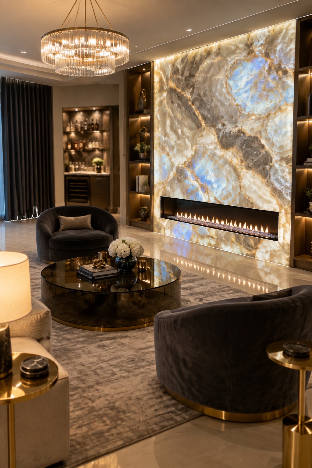 A living room with a large crystal chandelier, a linear fireplace in a backlit marble wall, dark velvet armchairs, and a round glass coffee table on a patterned rug.