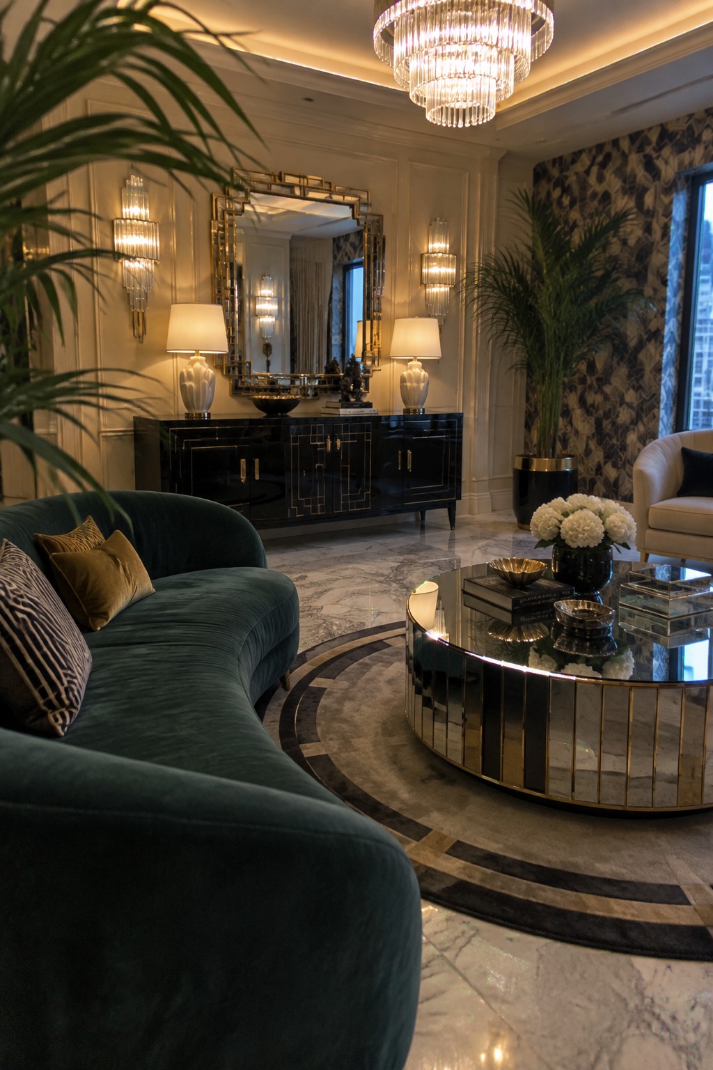 Elegant living room with curved green velvet sofa, mirrored coffee table, and crystal chandelier.