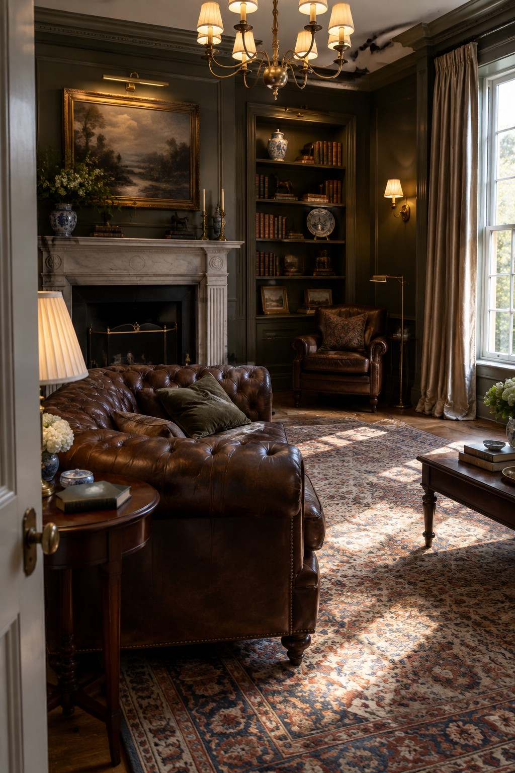 A living room with dark green walls, a brown leather tufted sofa, built-in bookshelves, a marble fireplace, a brass chandelier, and several wall and table lamps.