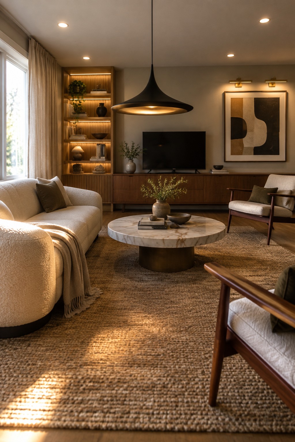 Modern living room with white sofa, marble coffee table, wooden shelves, and pendant light