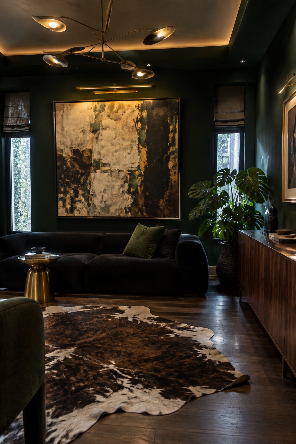 A dark green living room with a large abstract painting above a dark sofa, a modern multi-arm chandelier, a cowhide rug on hardwood floors, and a tall potted plant beside a wooden sideboard.
