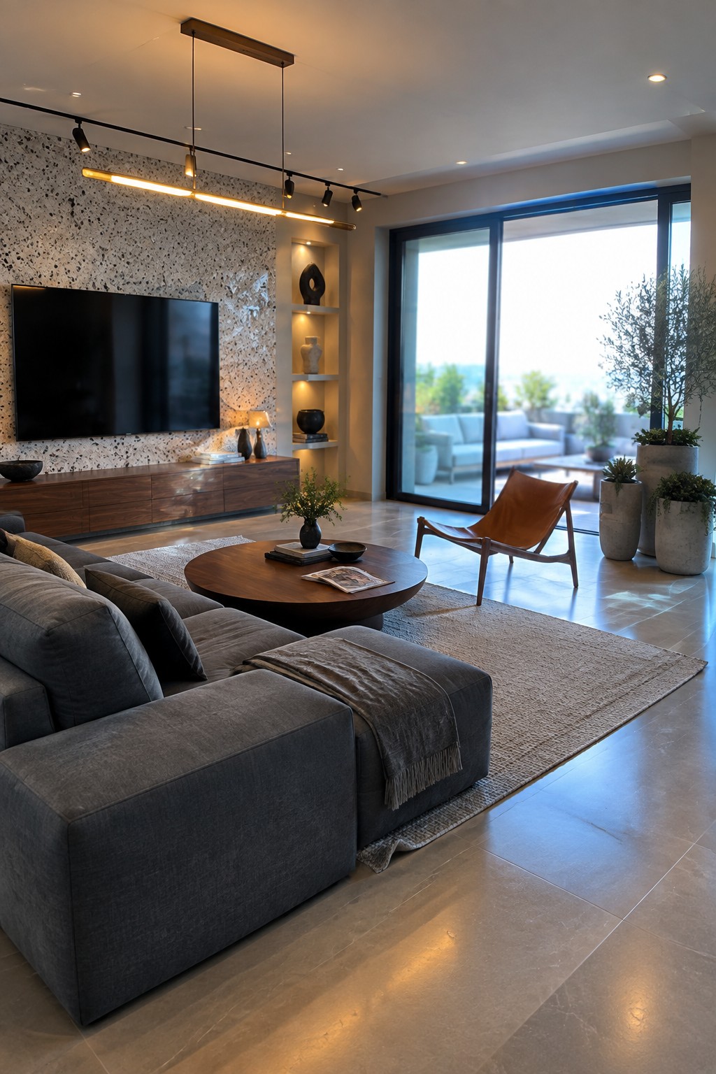 Modern living room with gray sectional sofa, round wood table, and leather sling chair by windows.