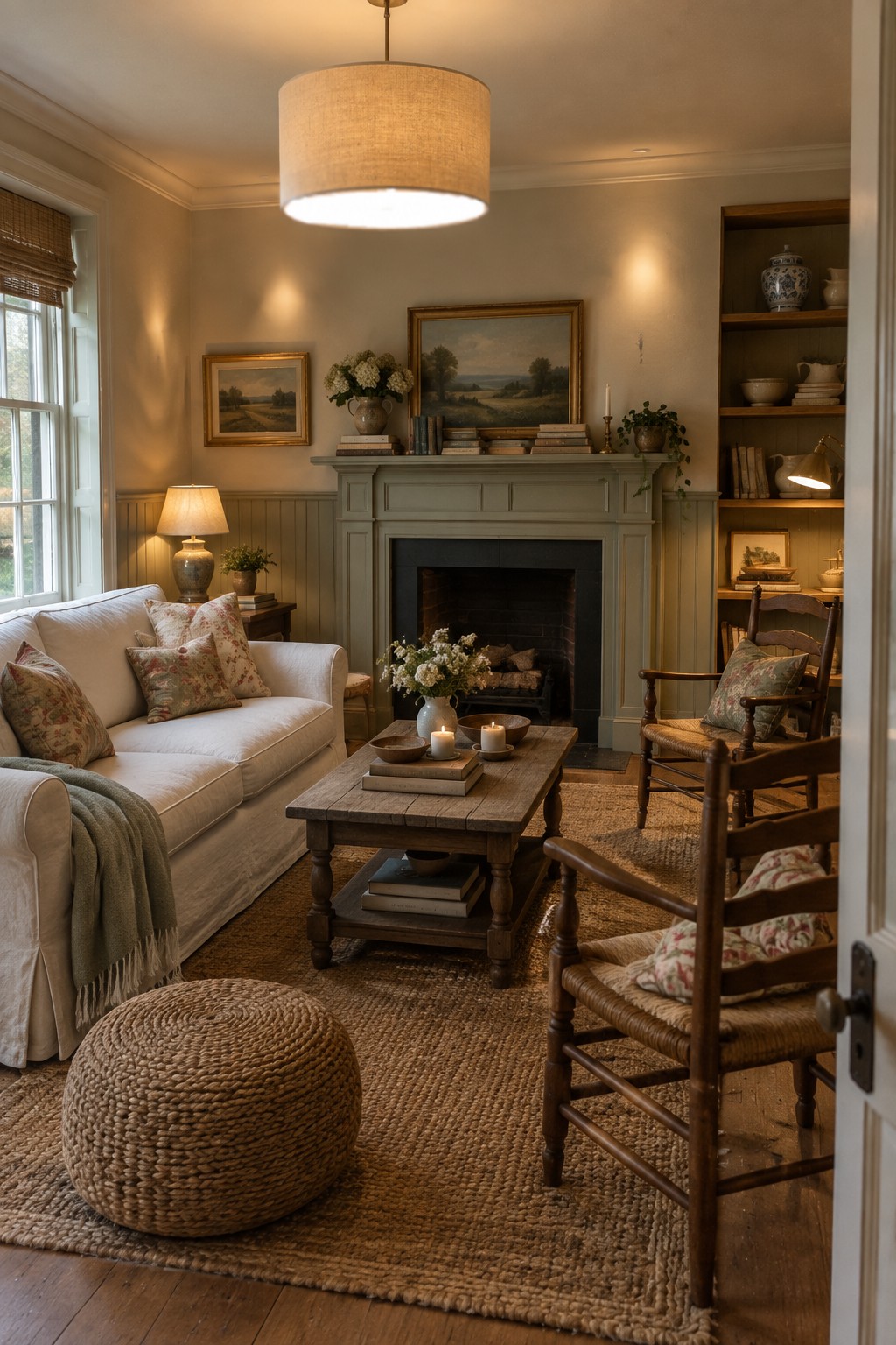 A living room with a large fabric pendant light, white sofa with floral pillows, wooden coffee table, green fireplace mantel, two wooden armchairs, and a woven pouf on a jute rug.