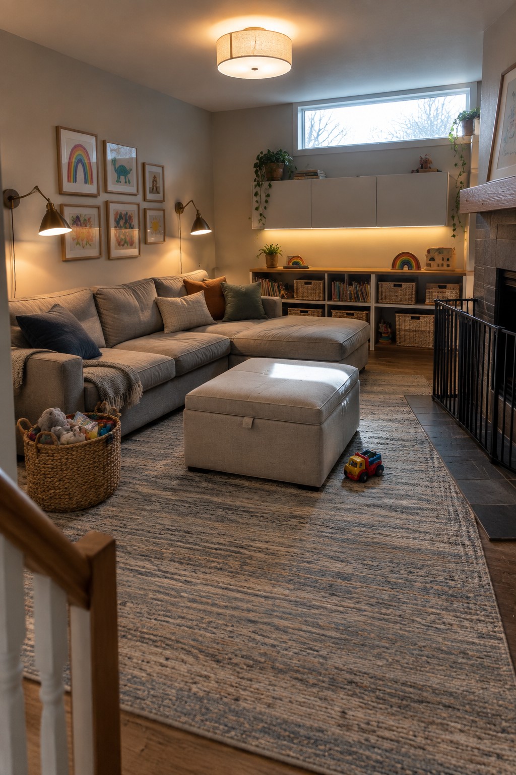 Cozy living room with gray sectional sofa, ottoman, patterned rug, and children's toys