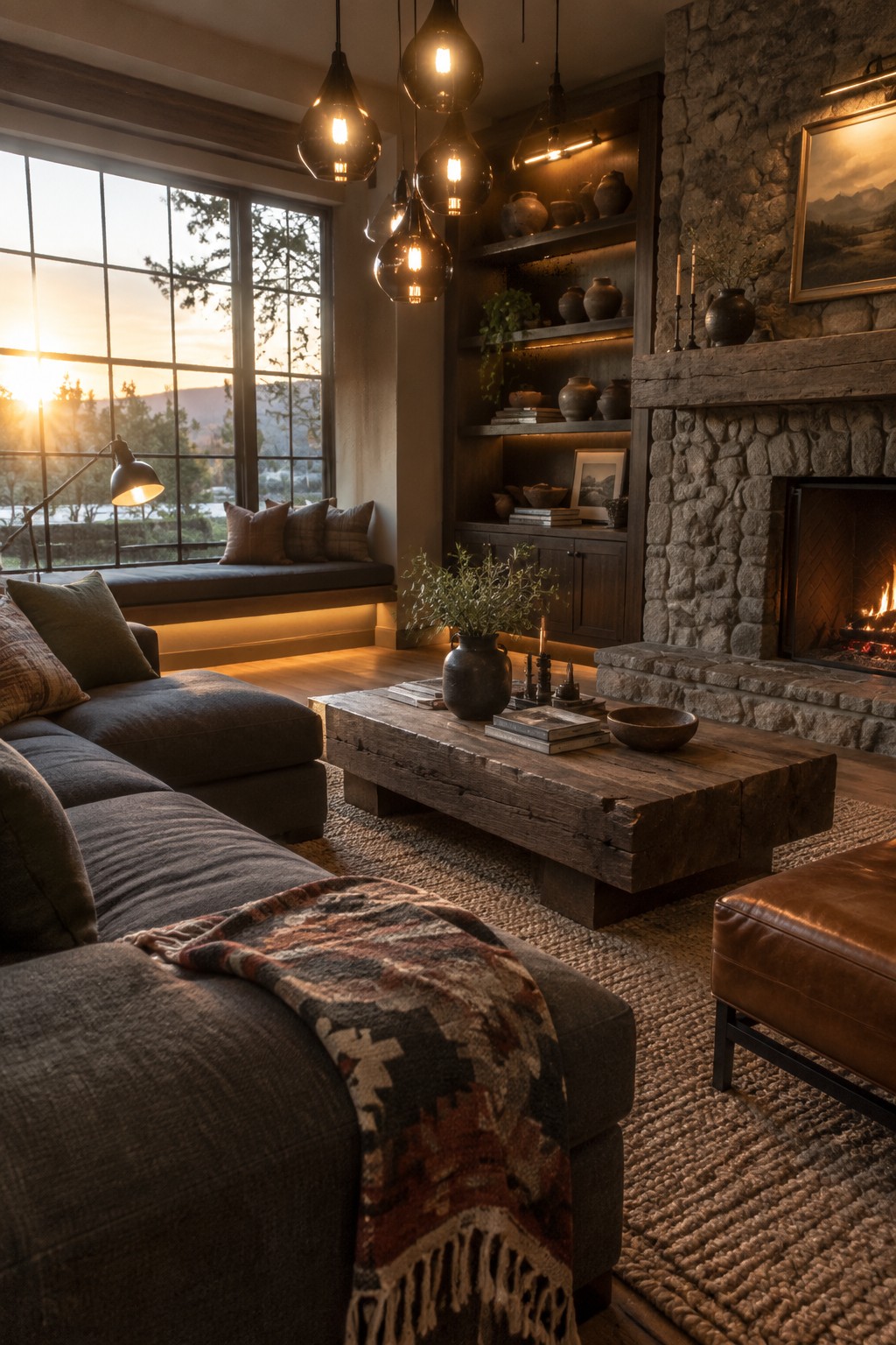 A living room interior with a stone fireplace, dark wood coffee table on a woven rug, gray sectional sofa with a patterned throw, large multi-pane window at sunset, hanging glass pendant lights, and illuminated built-in wooden shelves holding pottery and books.