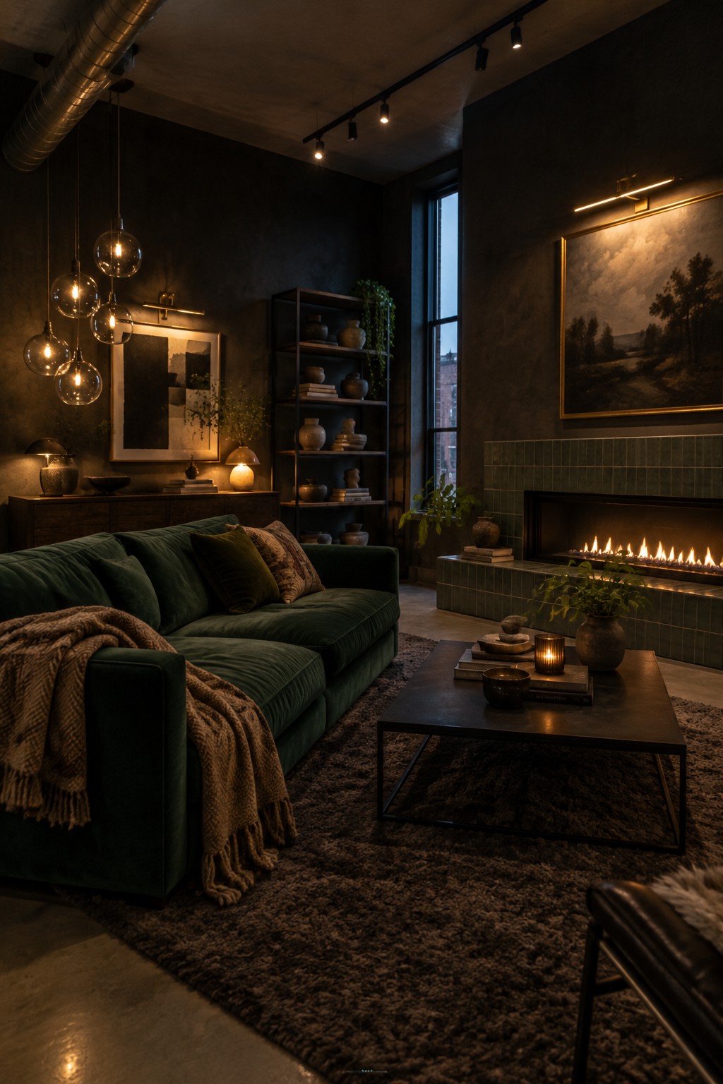 A living room with a green velvet sofa, dark walls, a black coffee table on a textured rug, built-in shelving, a lit fireplace, and multiple lighting fixtures including hanging glass pendants and ceiling track lights.