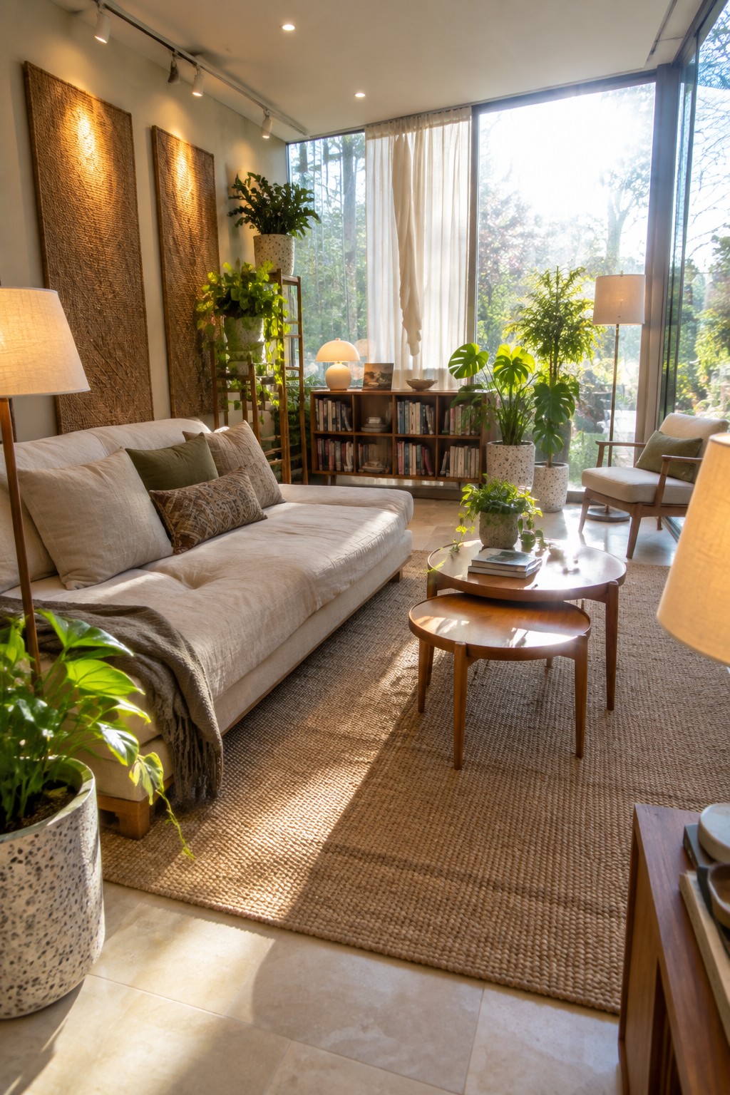 Bright living room with white sofa, nested wooden tables, jute rug, and lush plants