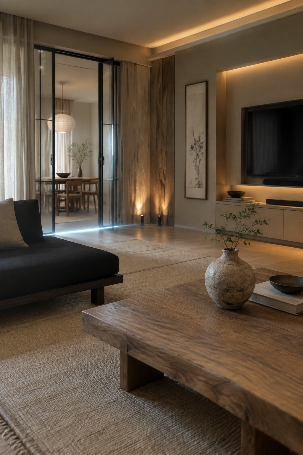 Modern living room with a dark sofa on a woven rug, wooden coffee table holding a vase and bowl, floor uplights along a wood wall, and soft cove lighting overhead.