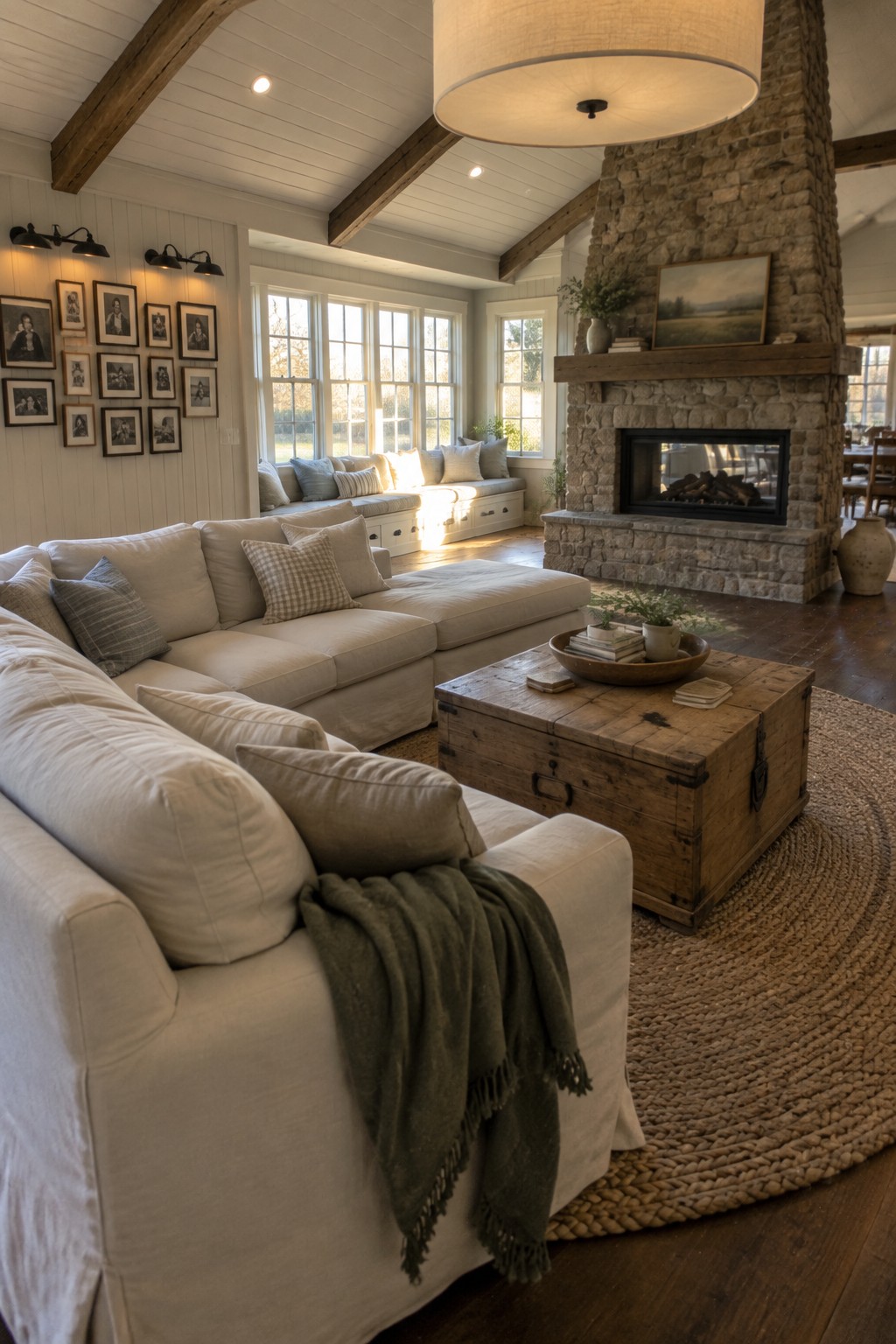 A living room with a large round pendant light, white sectional sofa, stone fireplace, and gallery wall of framed photos beside multiple windows.