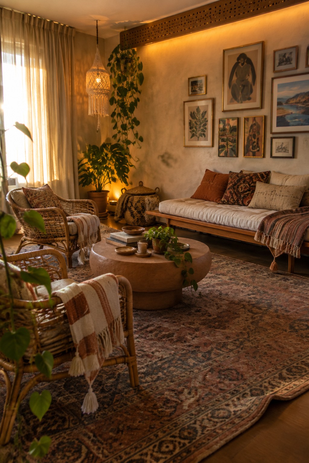 A living room interior with a macrame pendant lamp, wicker furniture, a round coffee table, a low sofa against a gallery wall, and warm ambient lighting.