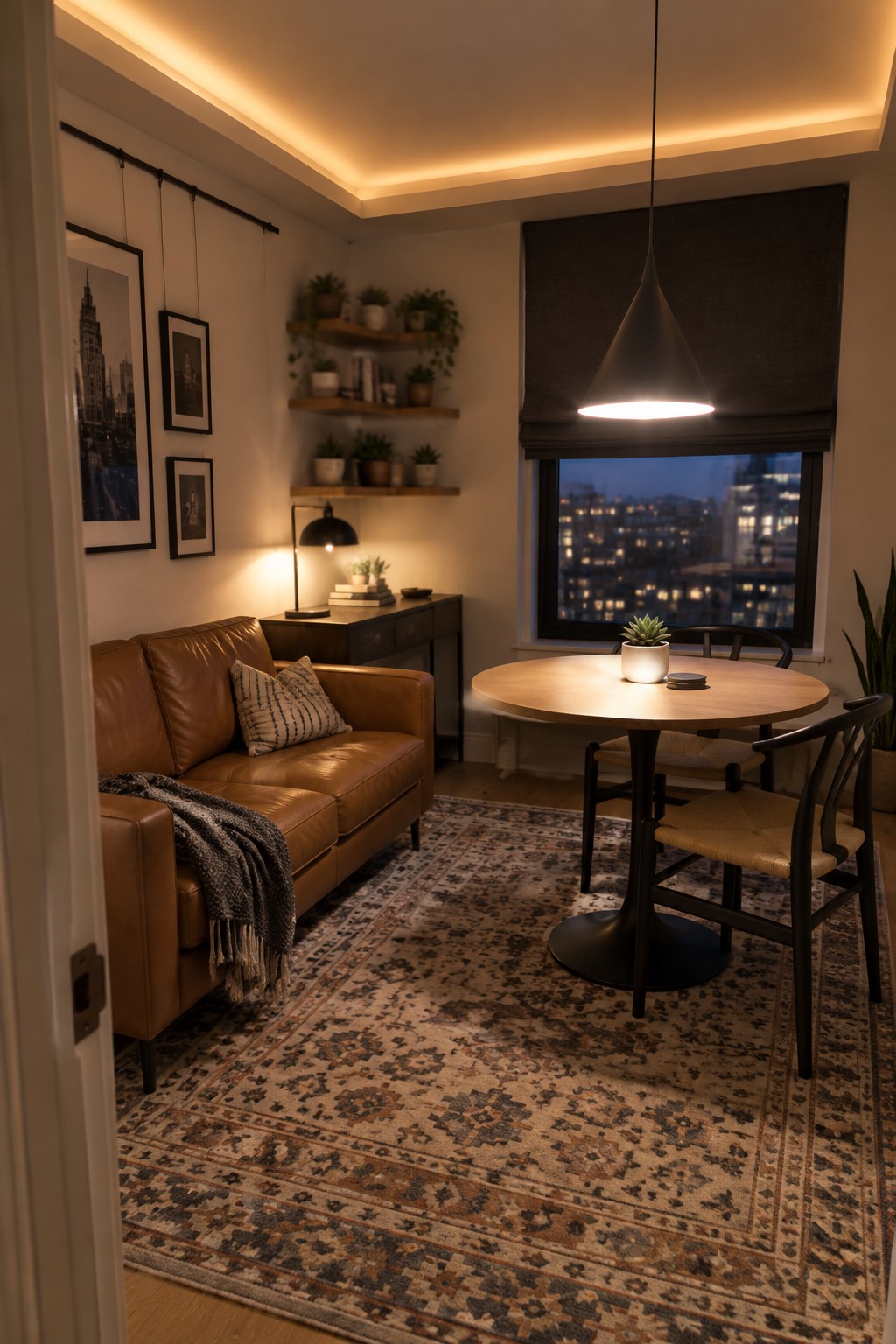 Interior view of a living room with a brown leather sofa on a patterned rug, a round wooden dining table under a black pendant light, wall shelves with plants, framed artwork, and a large window showing a city skyline at dusk.