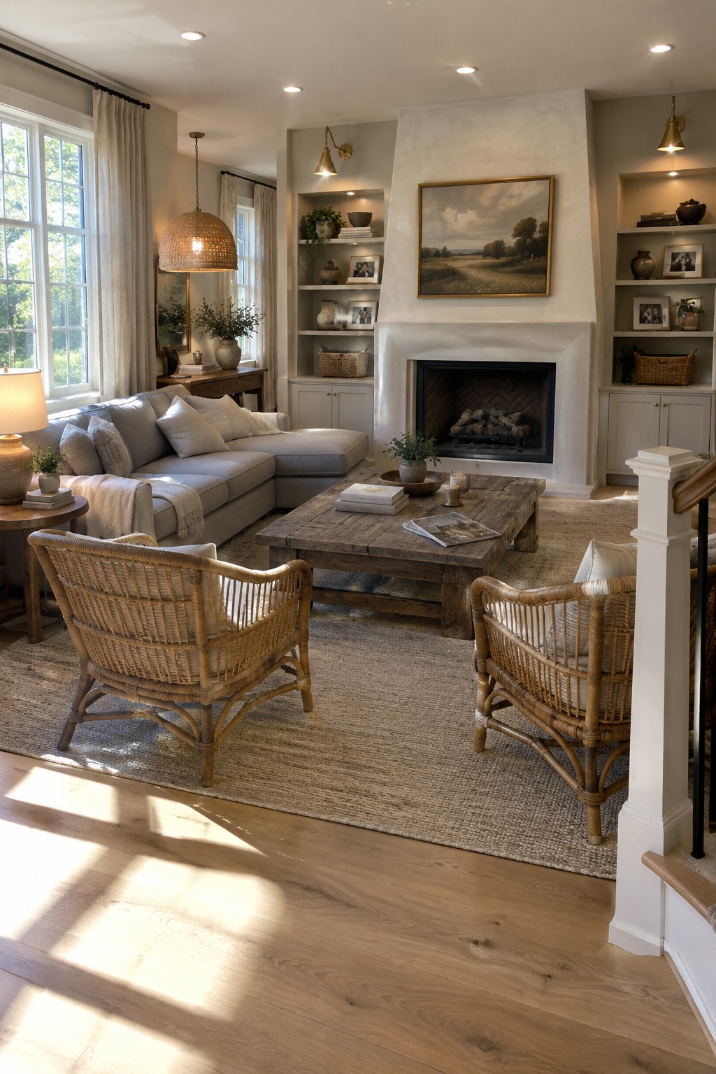 A living room featuring a central fireplace with flanking built-in shelves, a gray sectional sofa, wooden coffee table, two wicker chairs on a woven rug, and multiple light fixtures including wall sconces and a woven pendant.