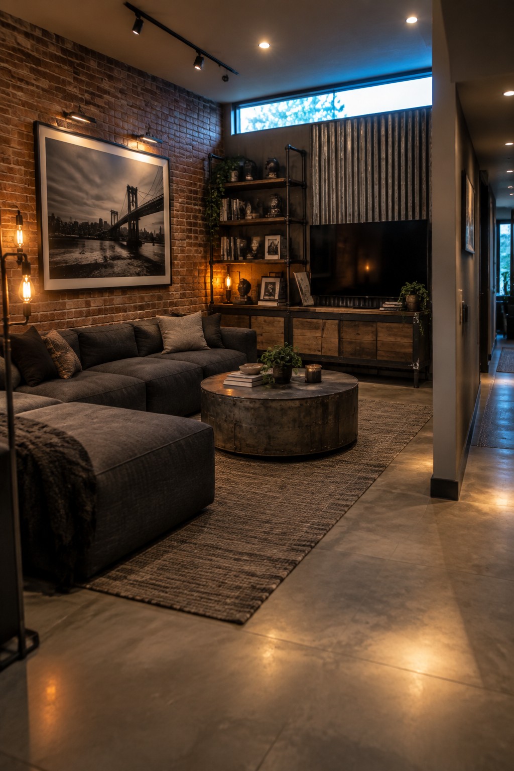 A modern living room featuring a dark gray sectional sofa, round metal coffee table on a woven rug, exposed brick wall with a large framed black and white photograph lit by wall sconces, industrial shelving, and a wall-mounted television.