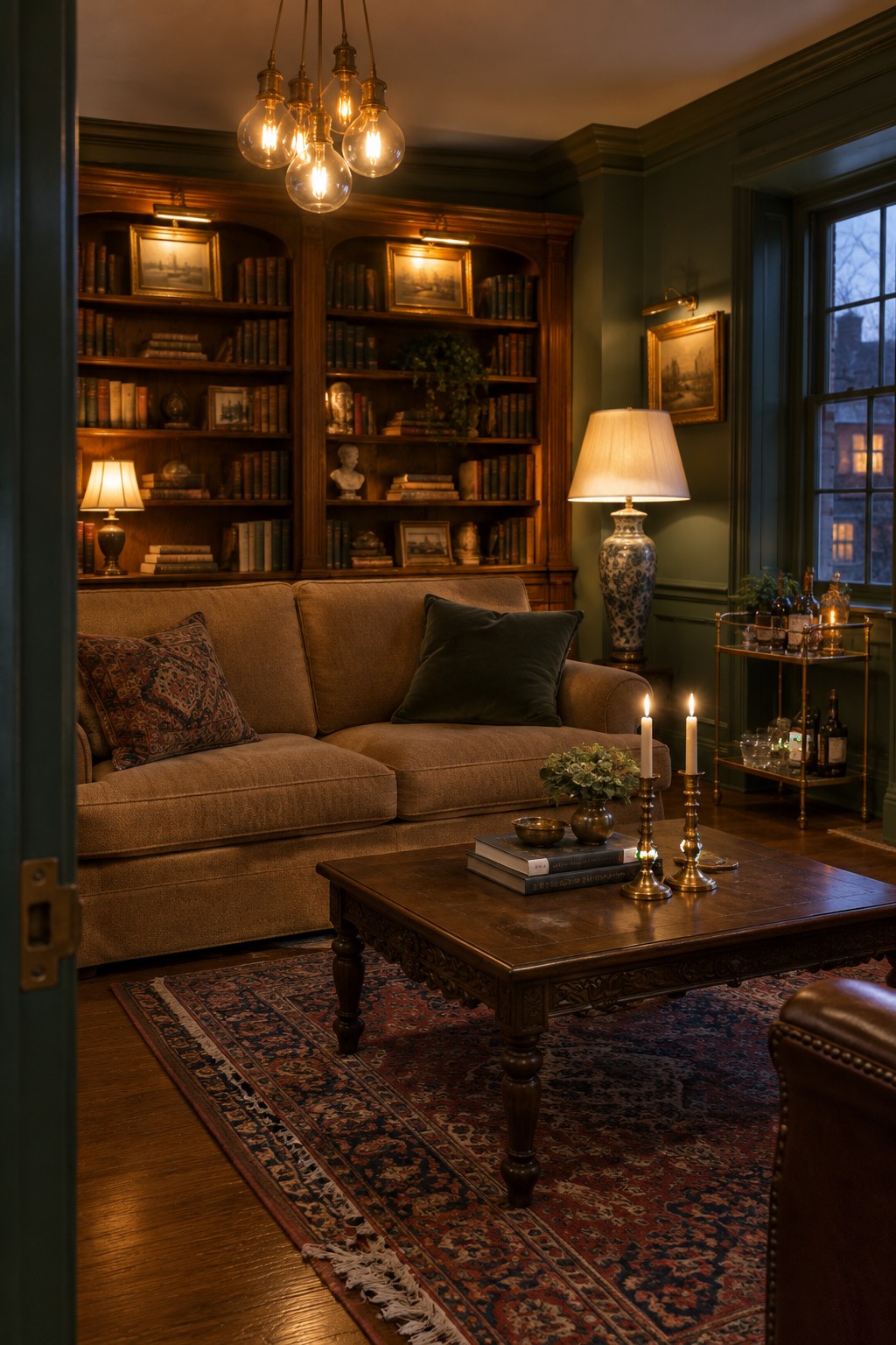 A living room featuring built-in wooden bookshelves, a brown sofa, a dark wood coffee table with lit candles, a multi-bulb chandelier, and several table lamps.
