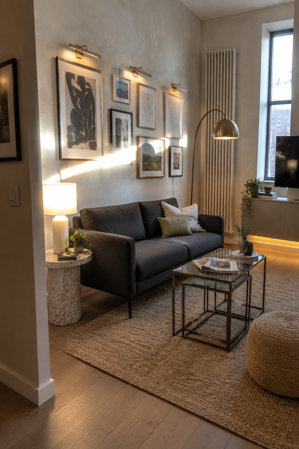 A living room with a dark gray sofa, a gallery wall of framed art lit by three wall sconces, a tall arched floor lamp, and a glass coffee table on a woven rug.