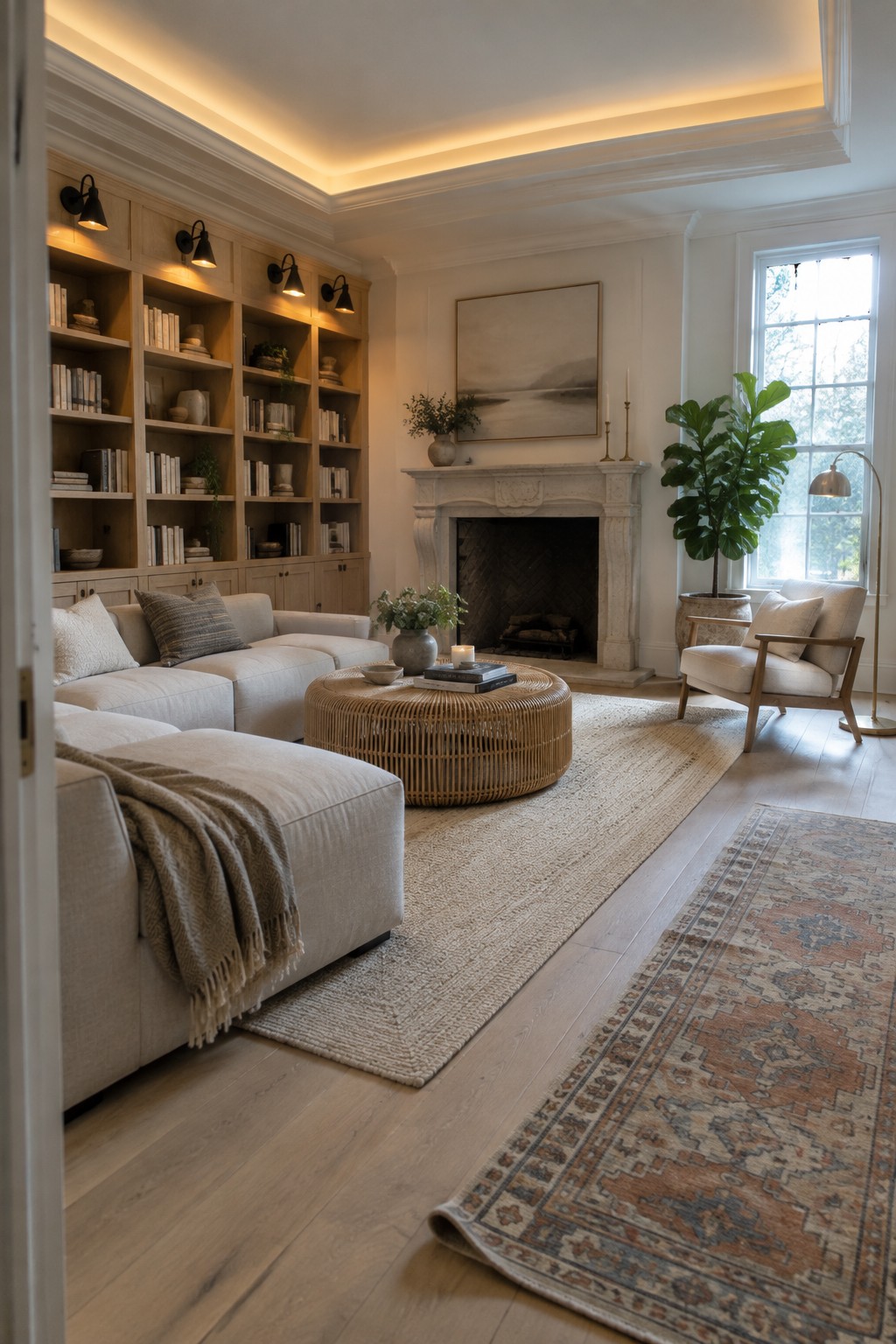 Cozy living room with beige sectional sofa, woven coffee table, fireplace, and bookshelves.