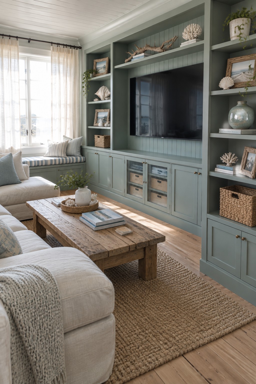 Cozy coastal living room with sage green built-ins, wooden coffee table, and white sofa
