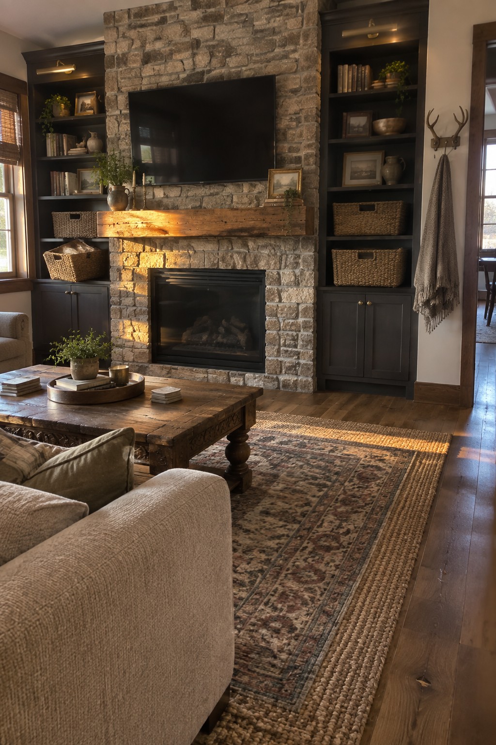 A living room featuring a stone fireplace with a television mounted above the mantel and dark built-in bookshelves filled with books and woven baskets on either side.