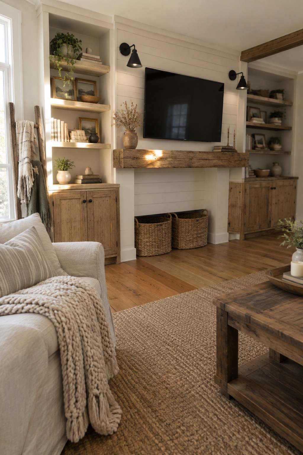 A living room featuring a wall-mounted television above a rustic wooden mantel, with built-in wooden shelves and cabinets on either side against white shiplap walls.