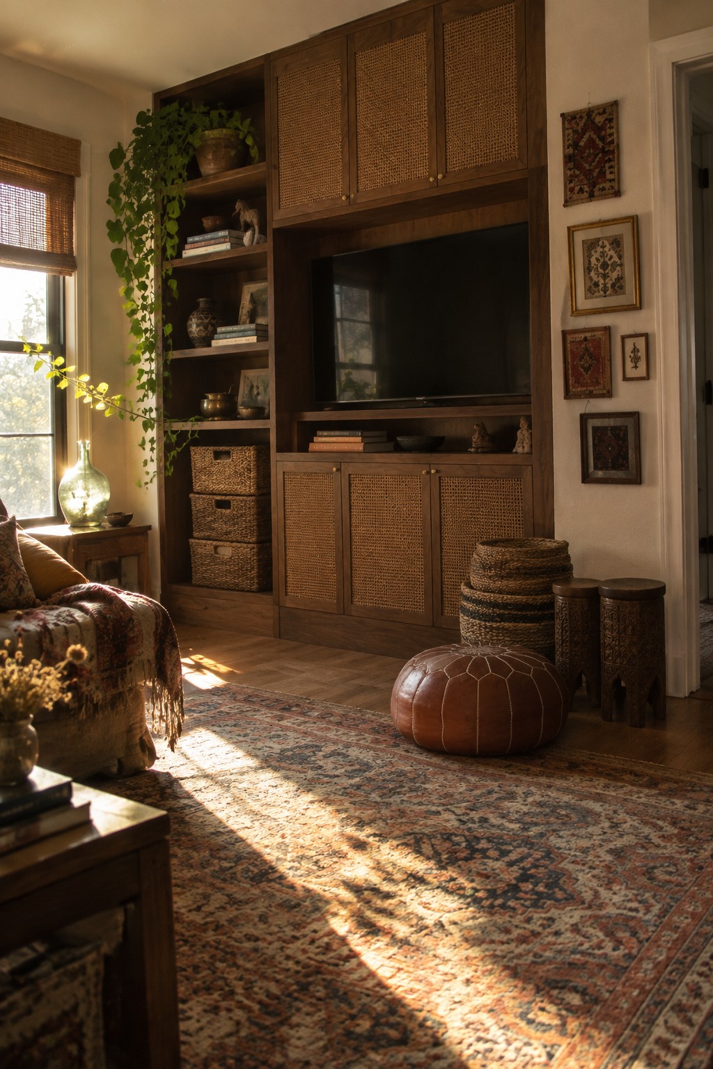 A living room with a large wooden built-in unit surrounding a flat screen TV, featuring open shelves, cane-front cabinets, woven baskets, and a brown leather pouf on a patterned rug.