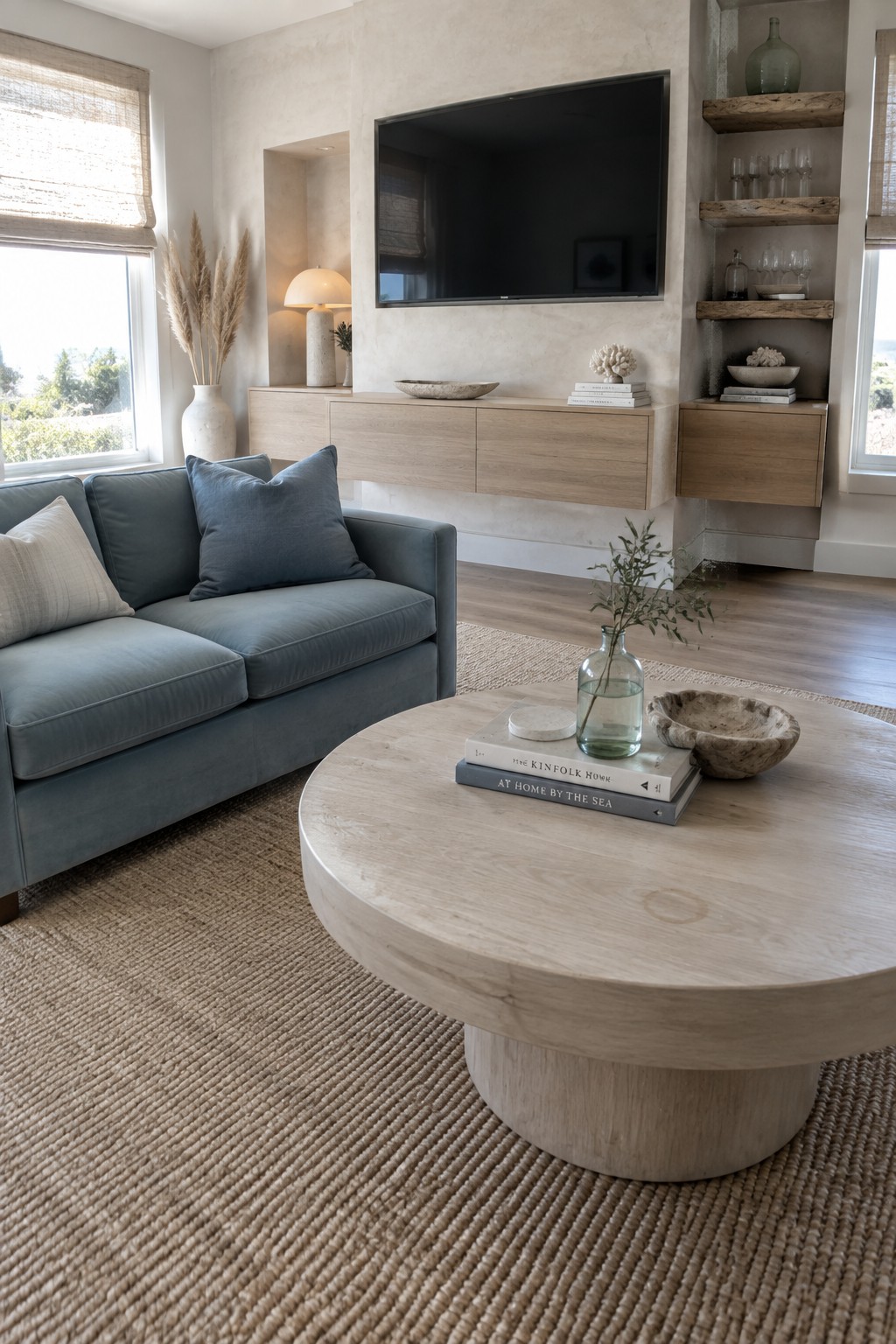 Modern living room with blue sofa, round wooden coffee table, and wall-mounted TV