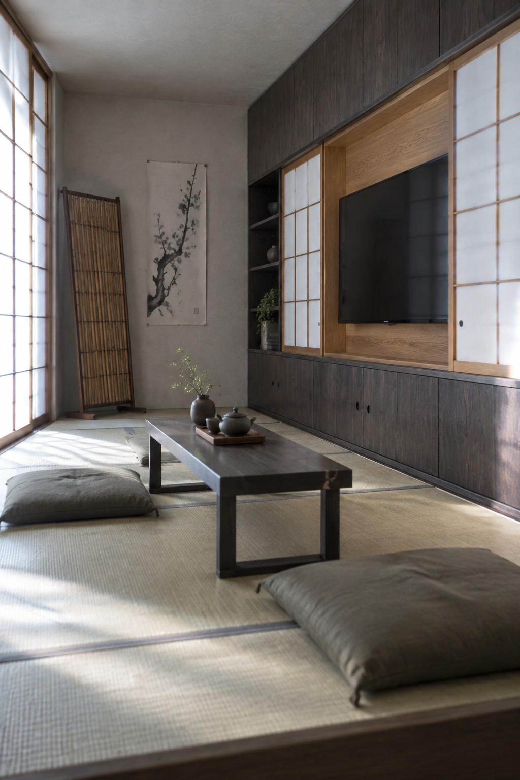 A Japanese-style living room with tatami mats, a low wooden table, floor cushions, and a dark wood built-in wall unit containing a television and storage cabinets.