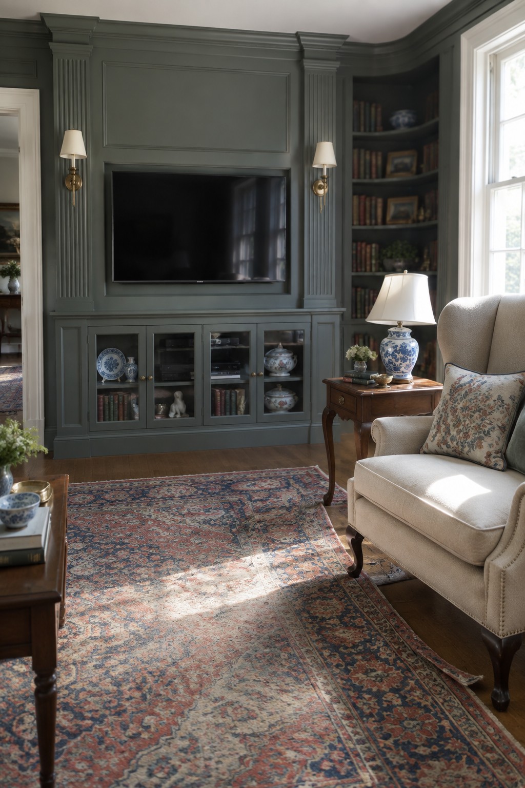 A living room with a dark green built-in wall unit holding a flat screen TV above glass-front cabinets and open shelving, next to an upholstered armchair and a large patterned rug.