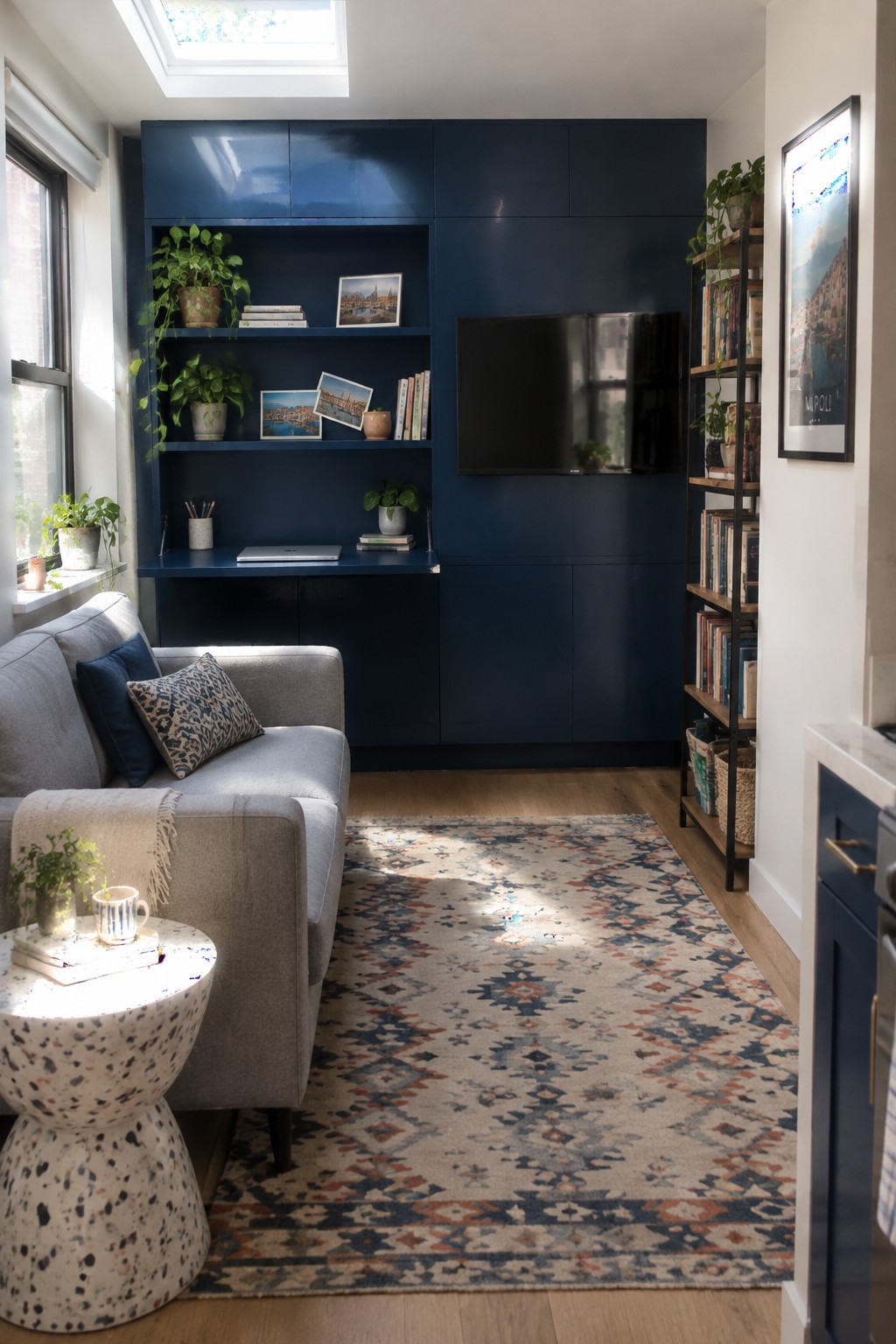 A living room with a gray sofa facing a deep blue built-in wall unit that includes open shelves, closed cabinets, and a mounted flat-screen TV above a patterned area rug.