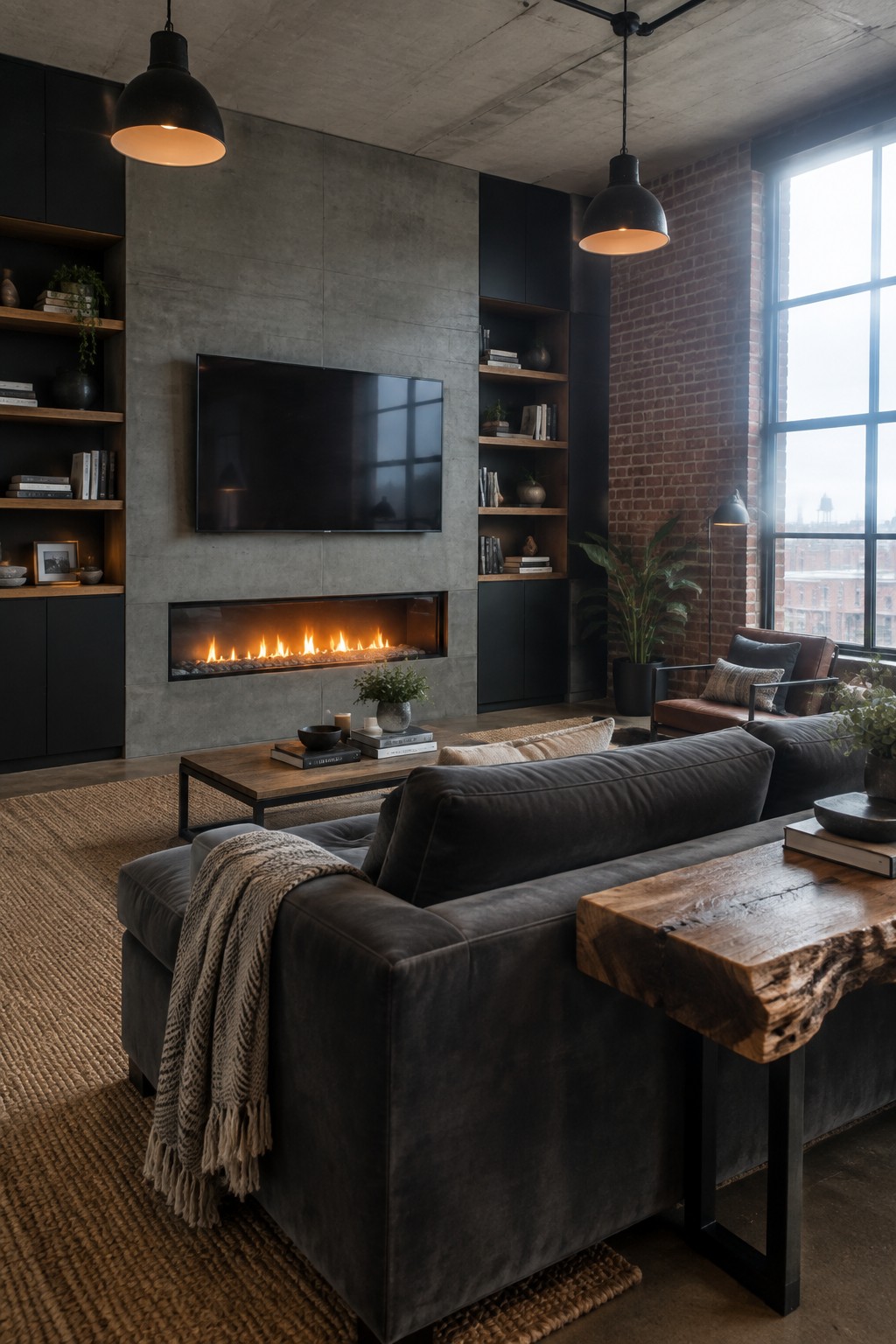 Living room with a wall-mounted TV above a linear fireplace, flanked by black built-in shelves and cabinets on a concrete wall.