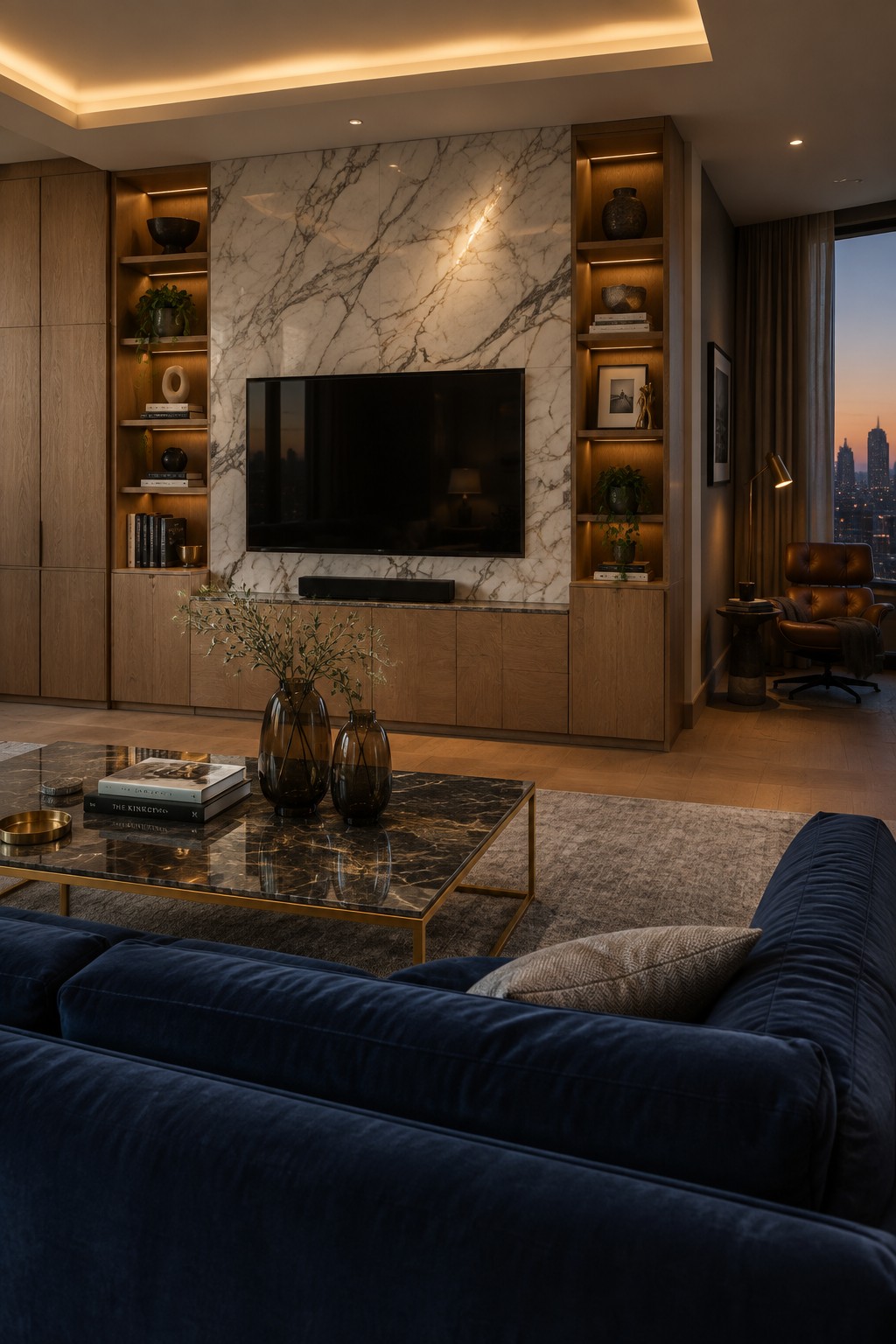 A living room with a television mounted on a marble wall, flanked by illuminated built-in wooden shelves and cabinets on both sides, and a blue velvet sofa in the foreground.
