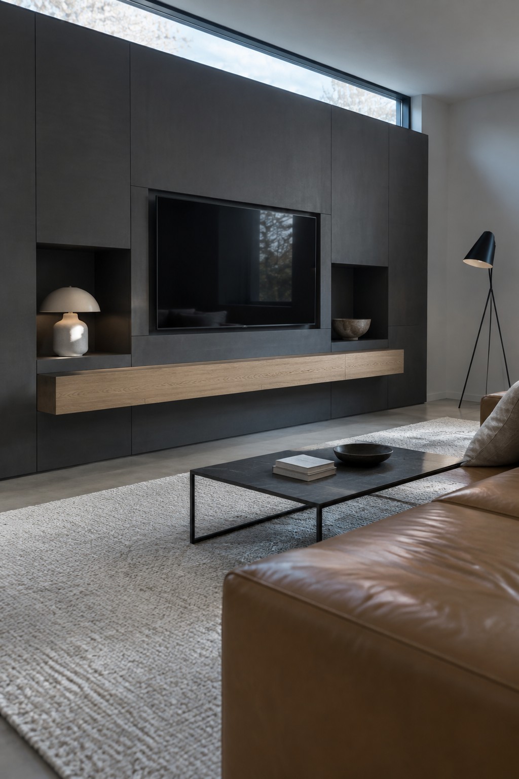A modern living room with a dark built-in TV wall featuring a floating light wood media console, recessed niches, and a wall-mounted television.