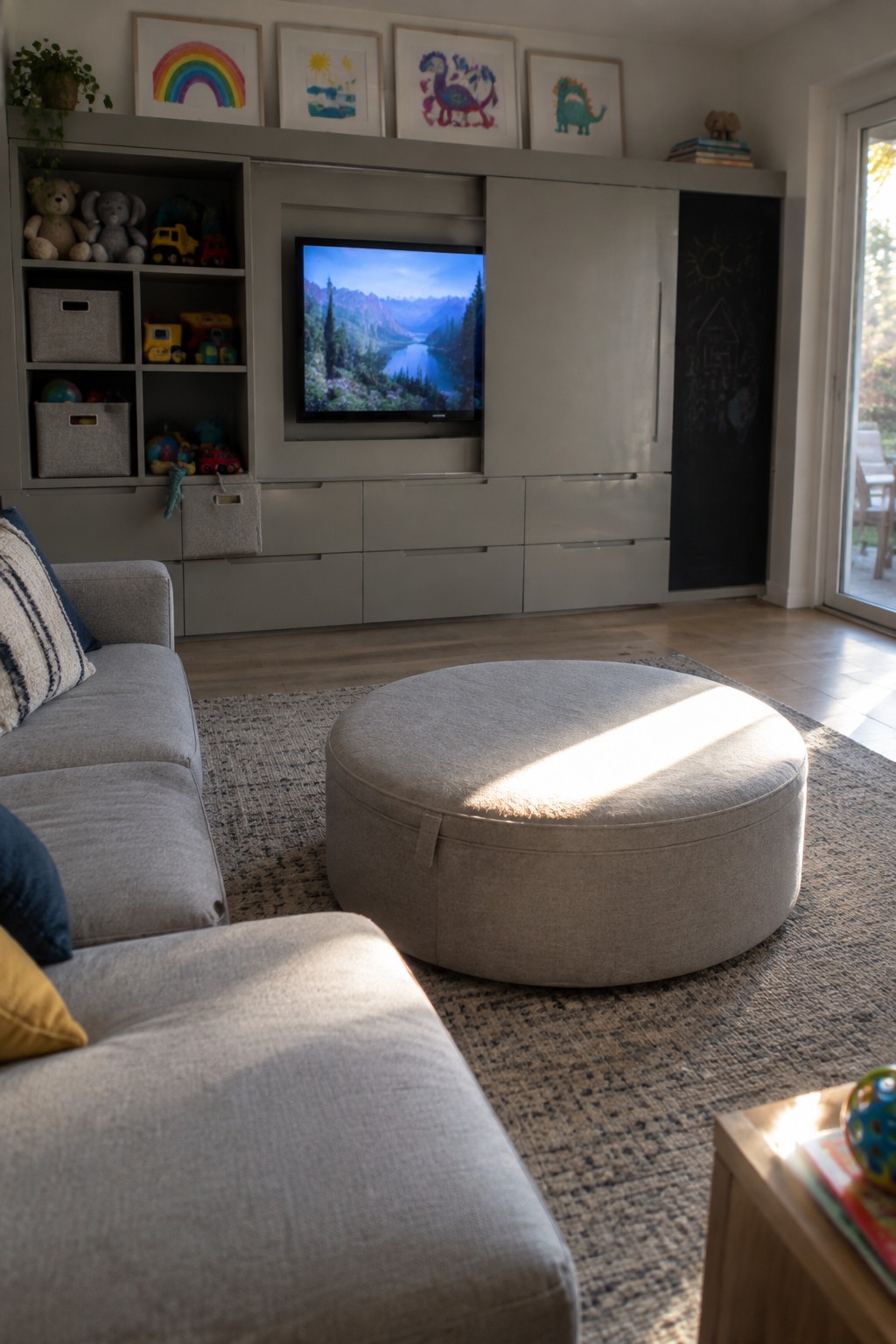 Gray sofa, round ottoman, and TV with mountain scene amid toy-filled cabinets and chalkboard.