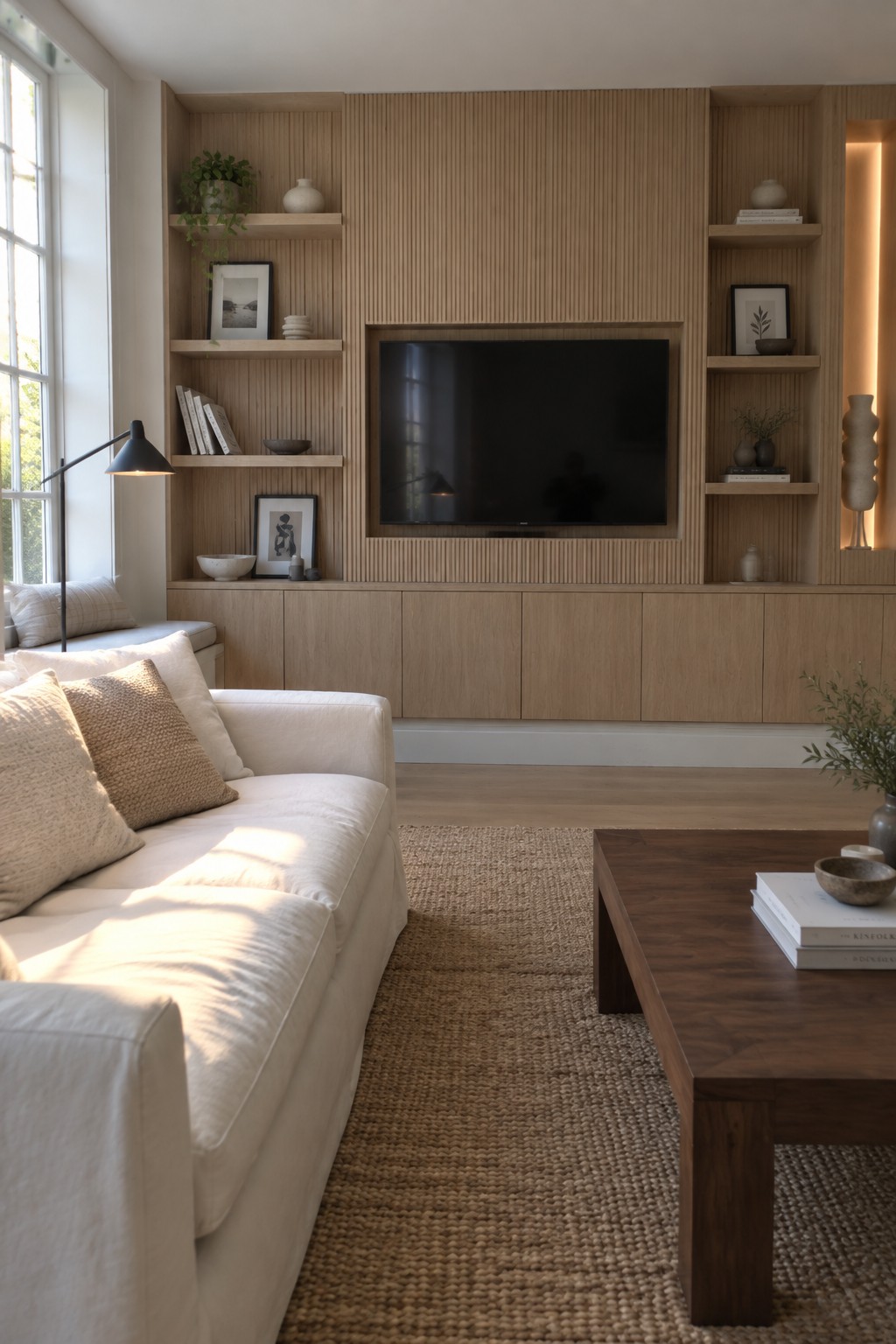 Minimalist living room with white sofa, oak built-in TV unit, coffee table on jute rug