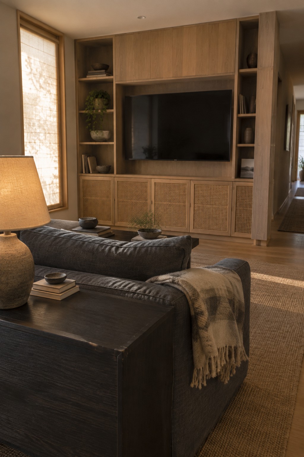 A living room with a dark gray sofa facing a light wood built-in entertainment center holding a flat screen TV, open shelves on both sides, and lower cabinets with woven cane fronts.