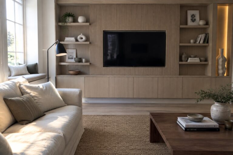 23 Living Room TV Wall Ideas With Built-In Storage Minimalist living room with white sofa, oak built-in TV unit, coffee table on jute rug