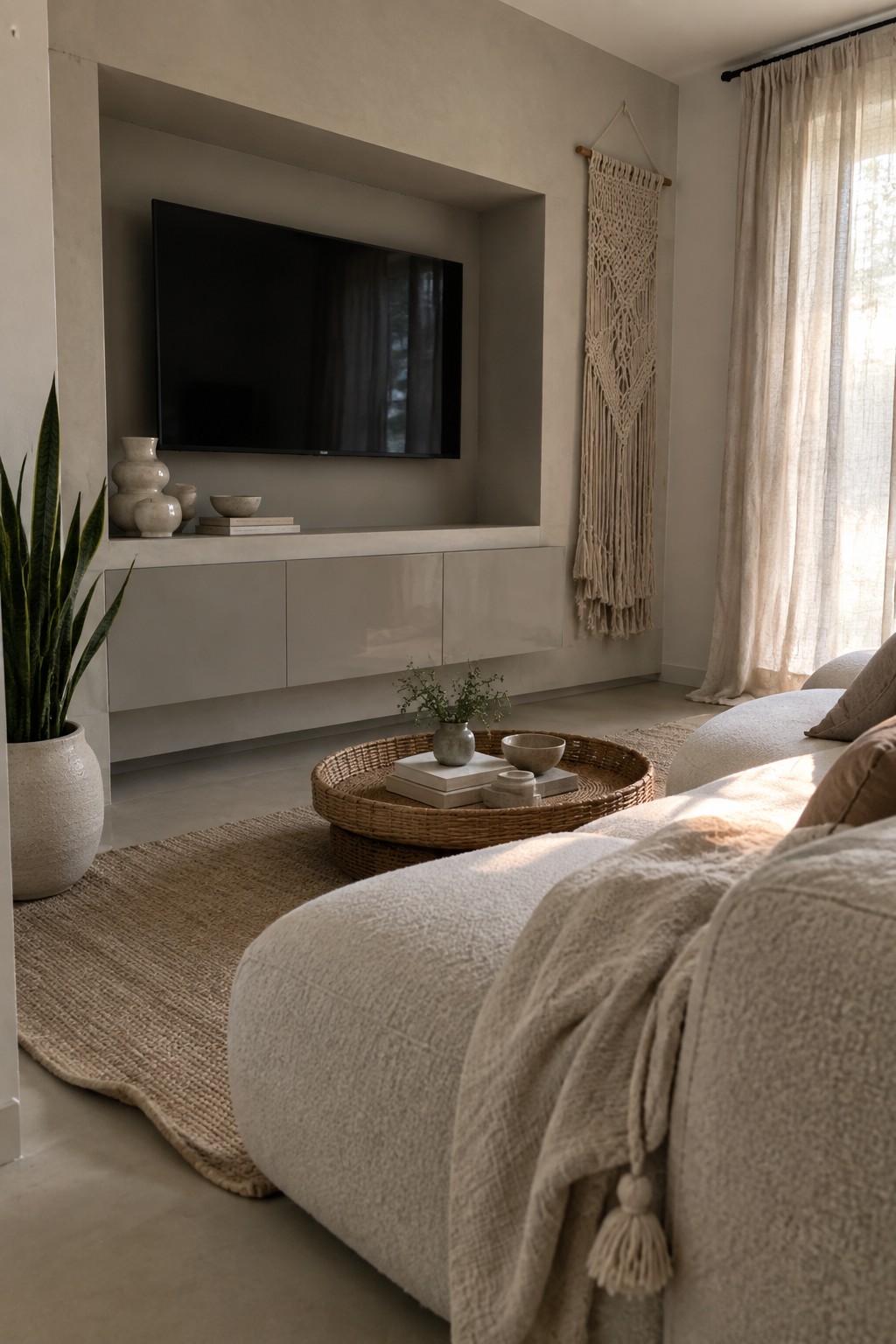 A modern living room with a flat-screen TV recessed into a beige wall niche above a long floating gray storage cabinet, accompanied by a large potted snake plant on the left and a round woven tray table in front.