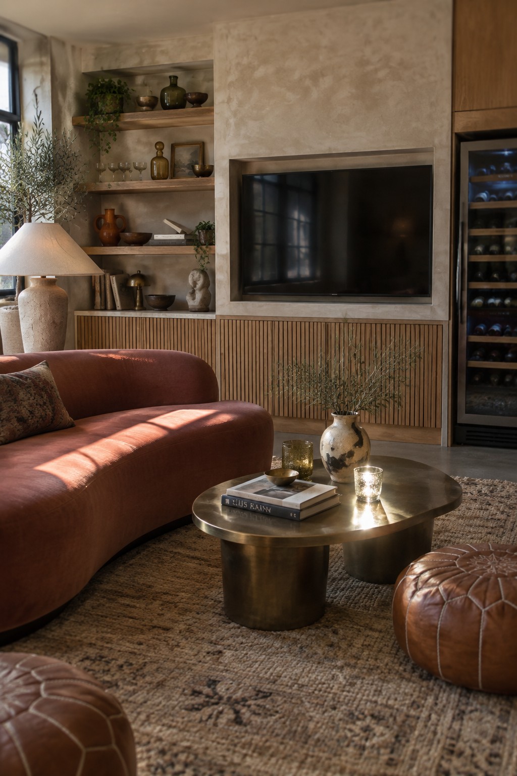 Modern living room with curved terracotta sofa, brass coffee table, and leather poufs