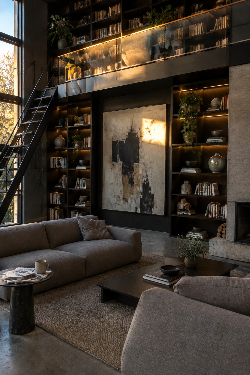 Interior view of a living room with gray modular sofas, a dark coffee table on a woven rug, and tall black bookshelves rising to a glass-railed mezzanine level above a large abstract painting.