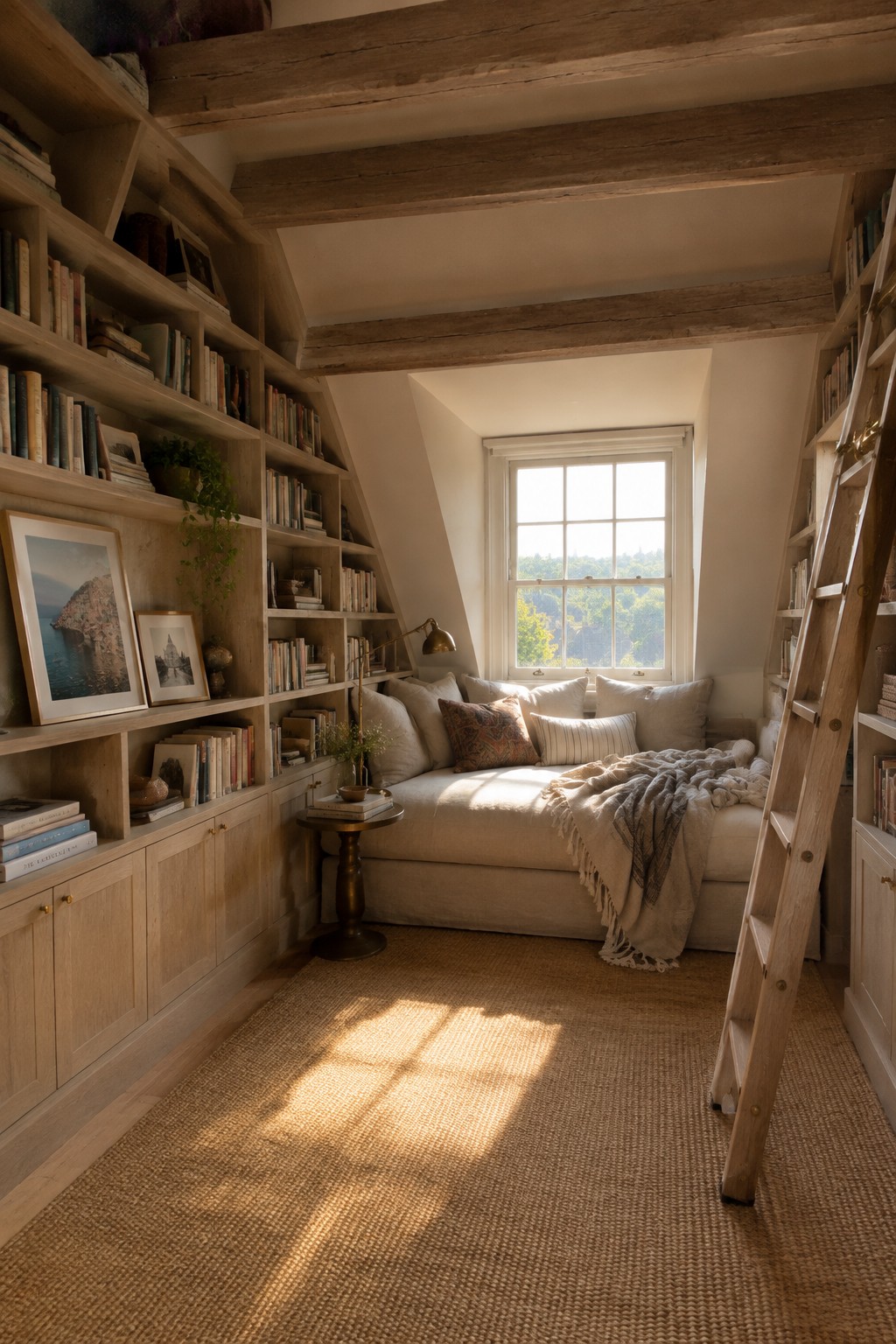 An attic room with light wood built-in bookshelves following sloped walls on both sides, a cushioned window seat beneath a large window, and a wooden ladder on the right.