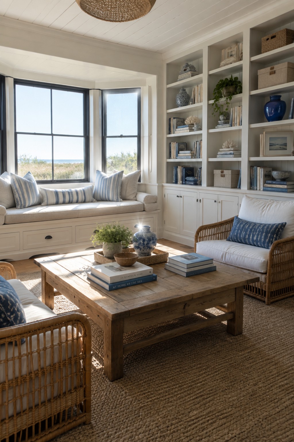 A sunlit interior room with white floor-to-ceiling built-in bookshelves, a window seat with blue striped cushions, a wooden coffee table, and two rattan chairs on a woven rug.