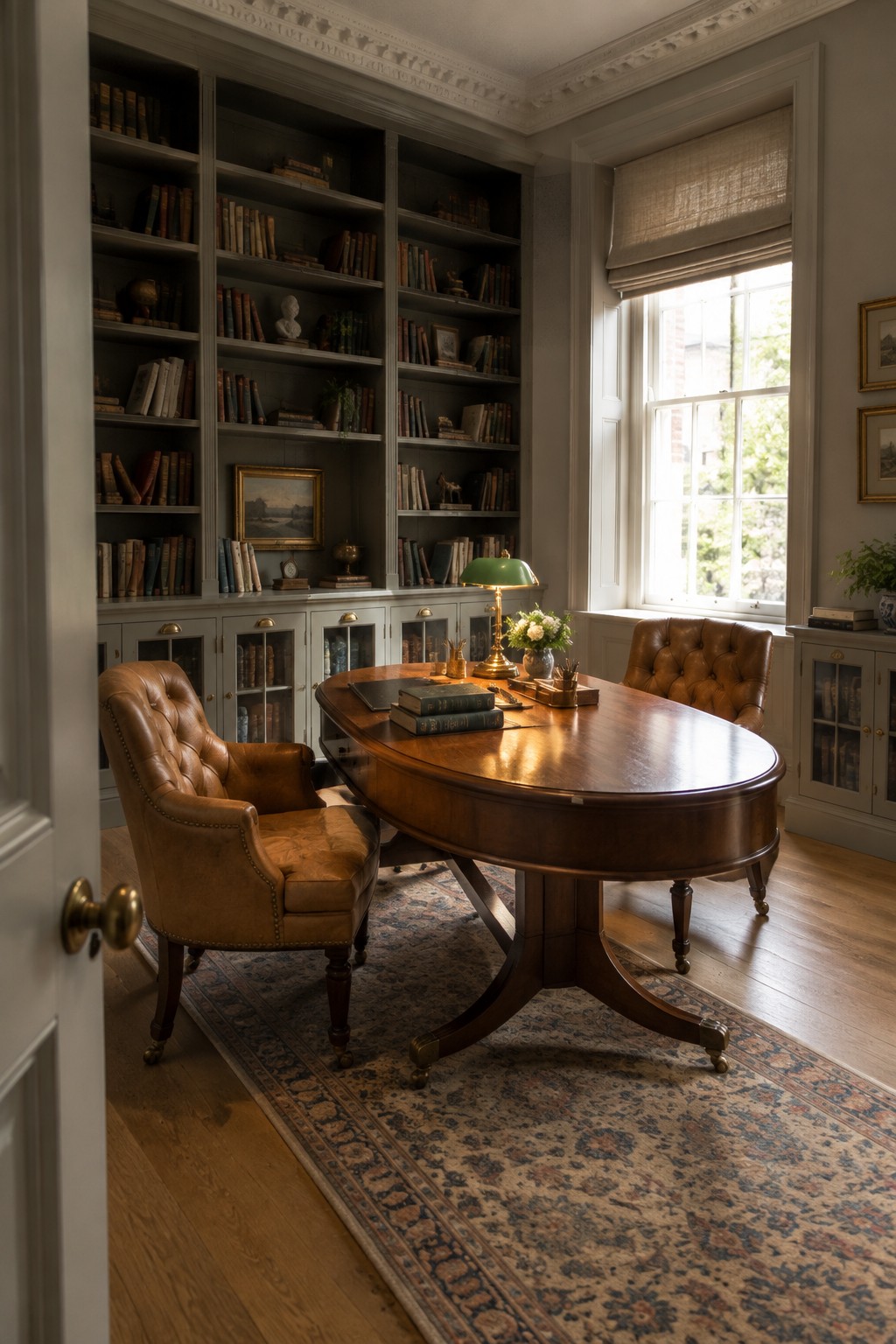 An interior view of a home library with floor-to-ceiling gray built-in bookshelves filled with books, a large wooden desk, two brown leather armchairs, and a window with a rolled blind.